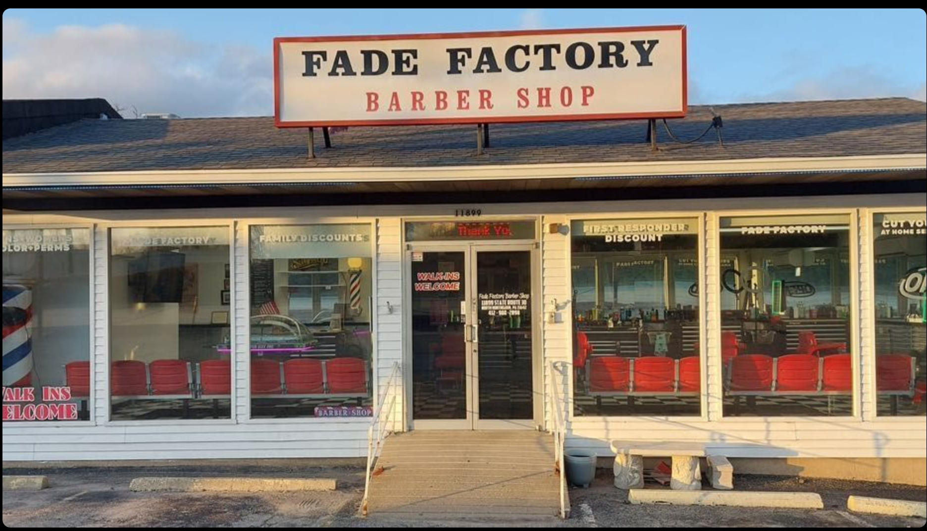The Fade Factory Barber Shop storefront in Irwin, PA